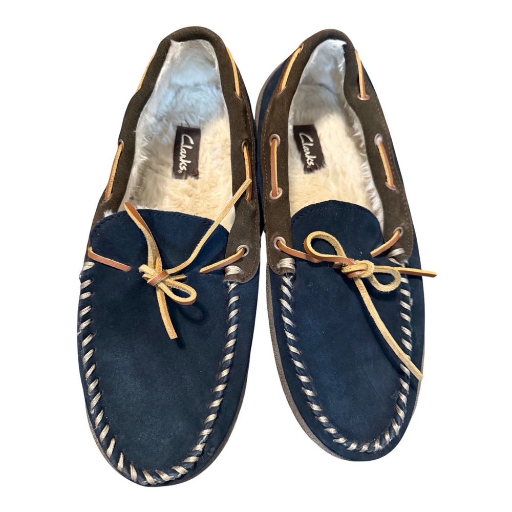 Clarks Sherman Mens 10M Navy Blue Suede Faux Fur Lined Moccasin Slippers Shoes